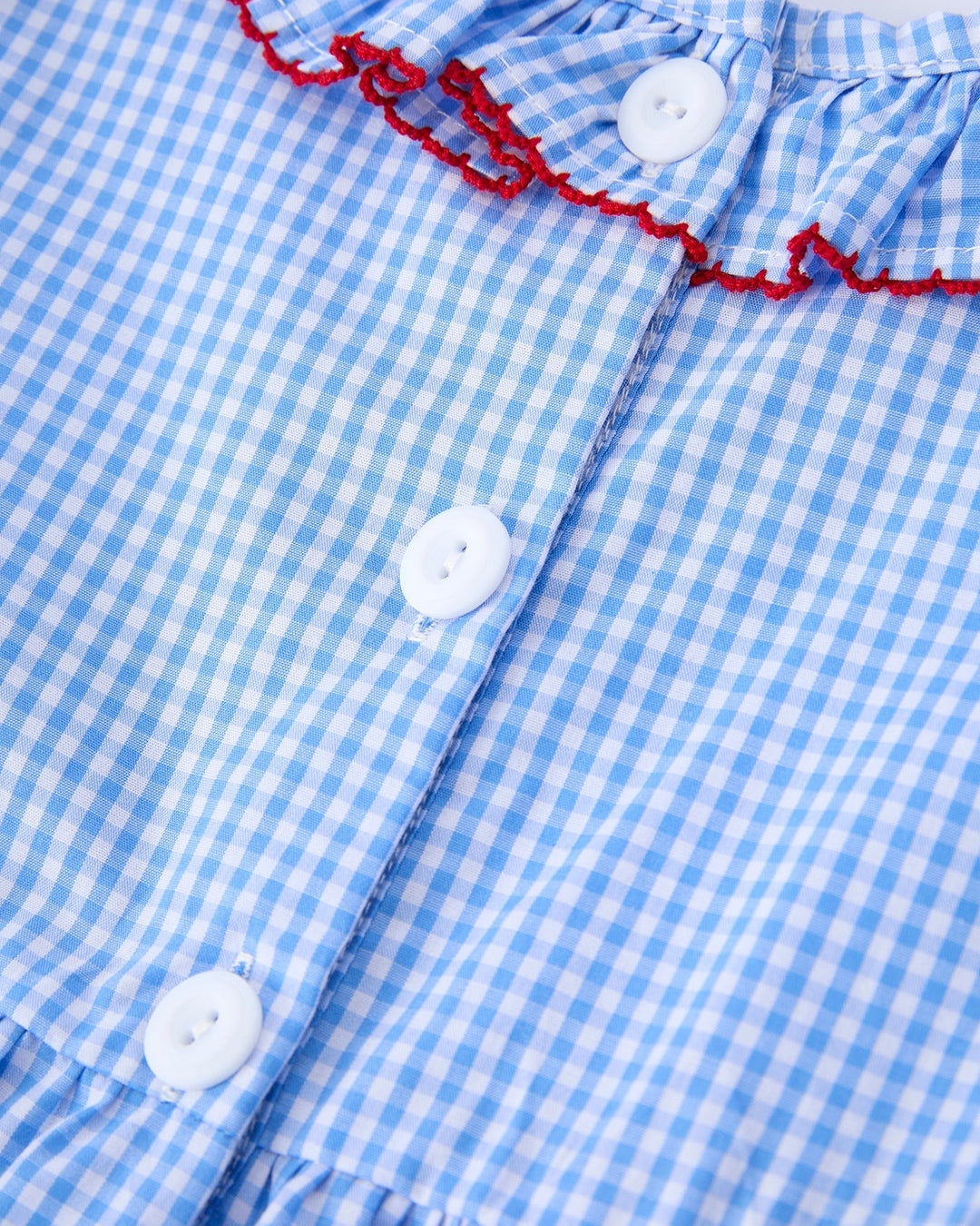 Close-up of a blue and white checkered dress with red trim and white buttons.