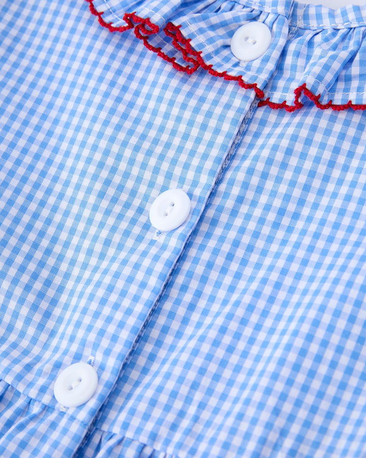 Close-up of a blue and white checkered dress with red trim and white buttons.