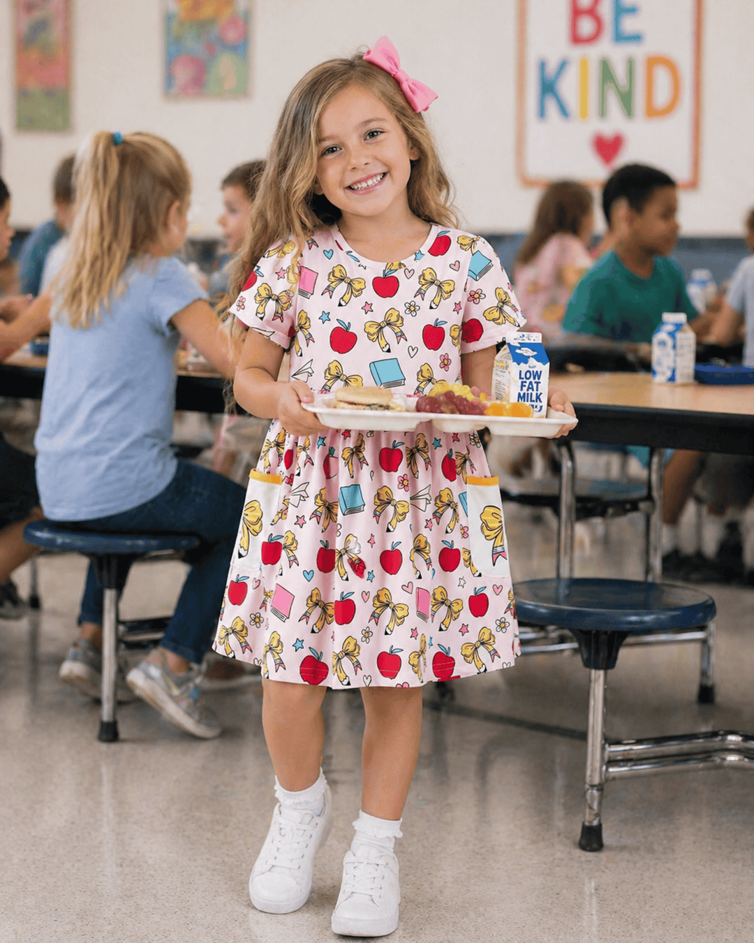 Young girl in a classroom holding a tray with food and a carton of milk.