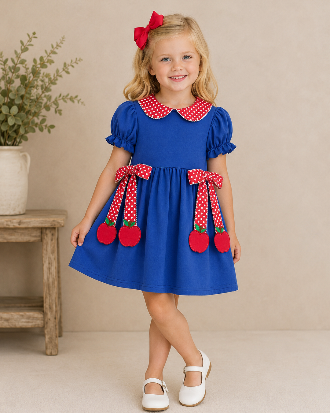 Young girl in blue back to school dress with apples