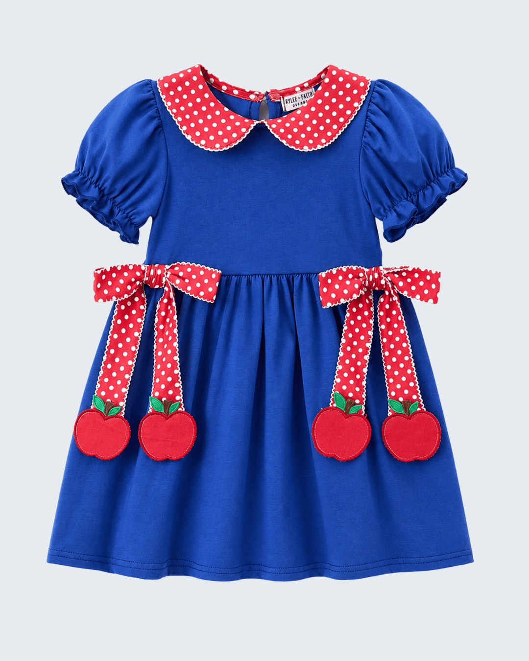 Blue back to school dress with apples