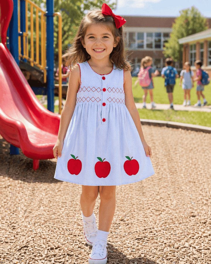 Young girl in a dress with apple designs on a playground