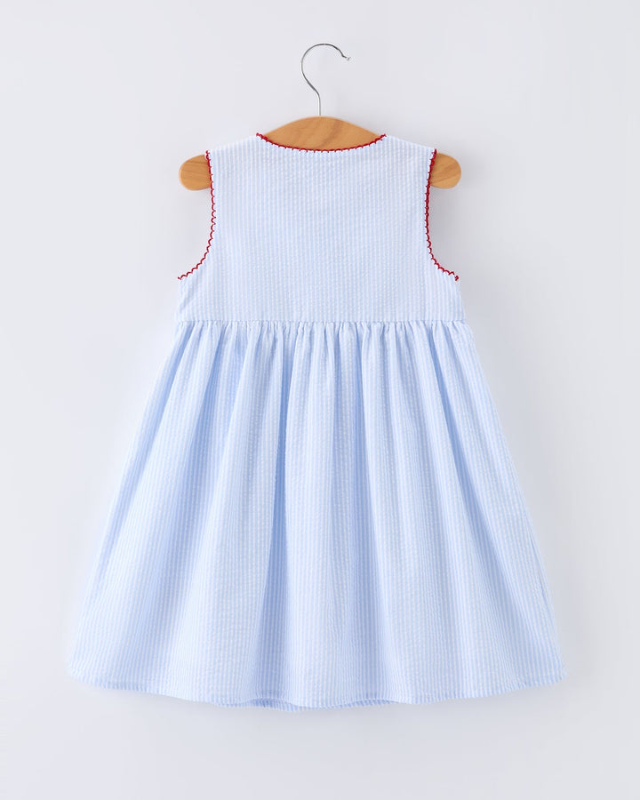 Light blue dress with red trim on a hanger against a white background