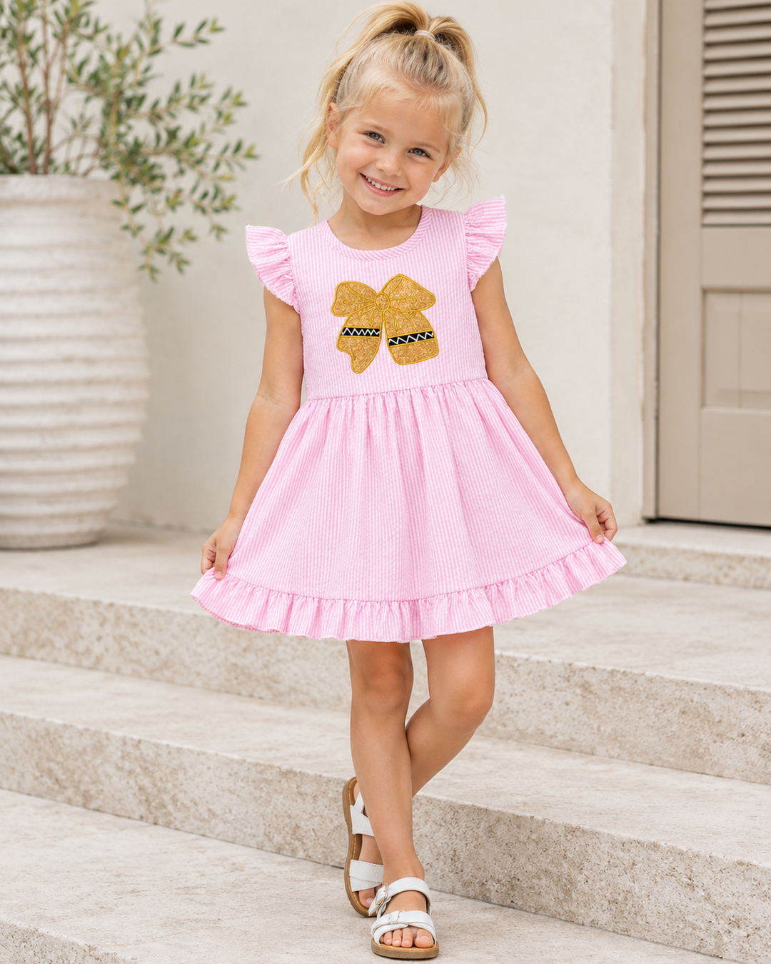 Young girl on stairs wearing Back To School Bow Ruffle Twirl Dress