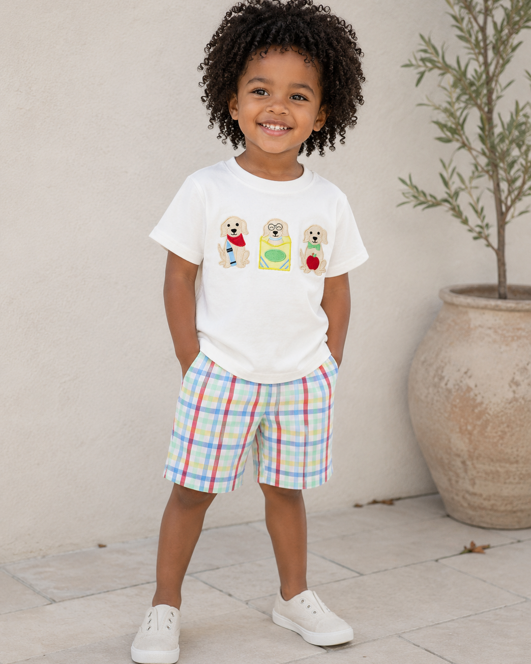 Young boy wearing Back To School Dog Applique Plaid Short Set