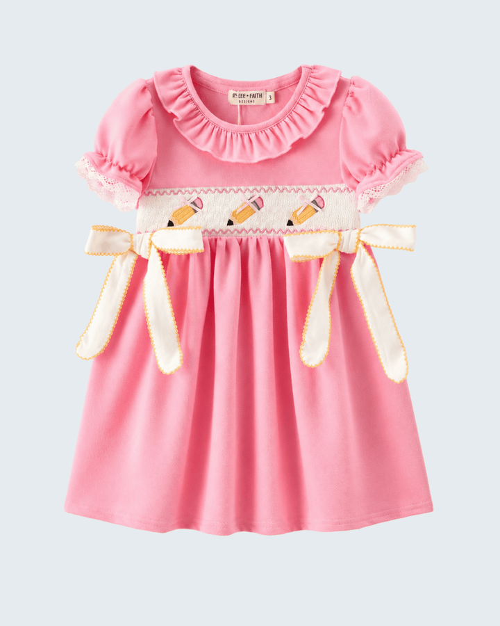 girls back to school dress with pencil embroidery and bowns