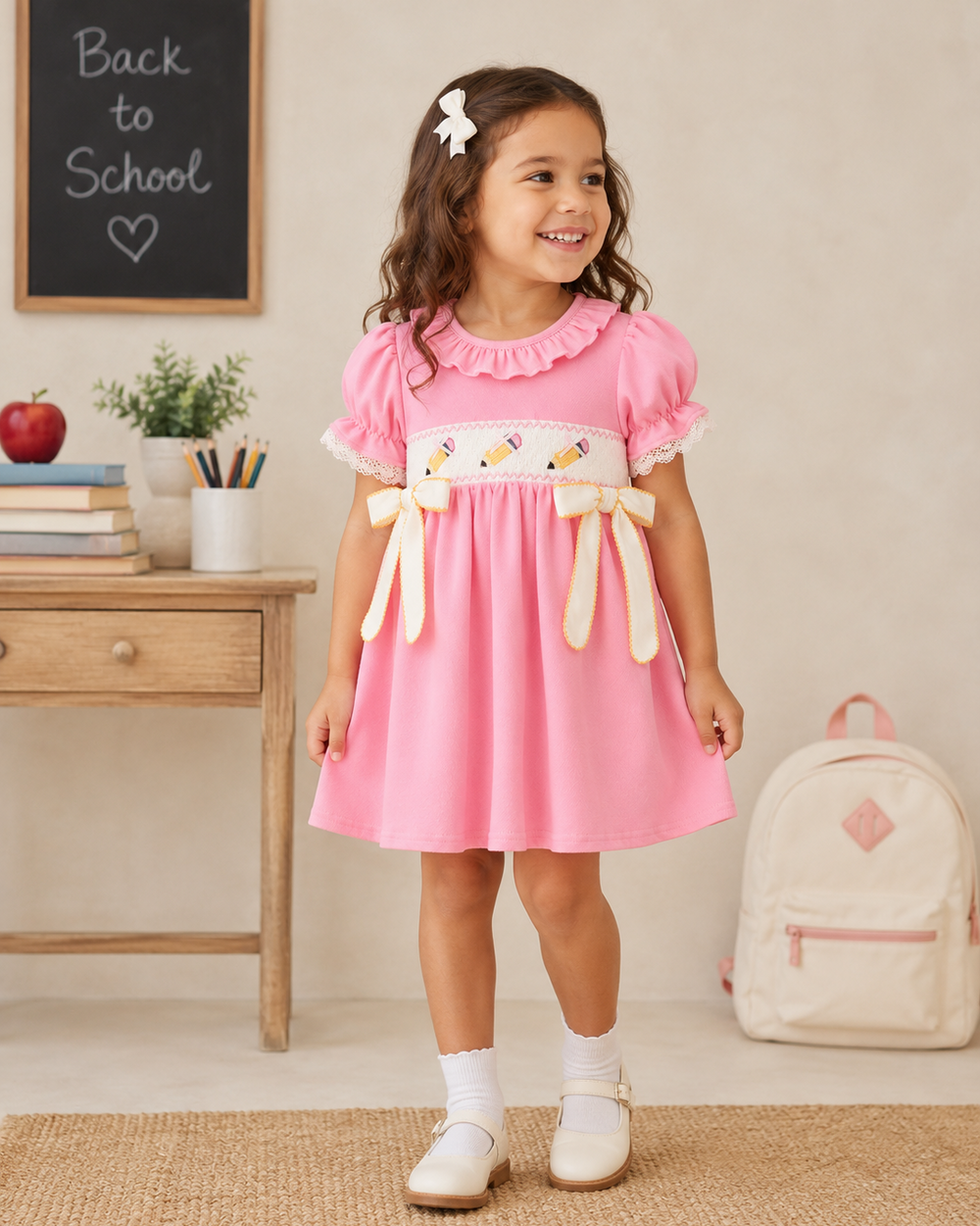 Young girl in back to school dress with pencil embroidery