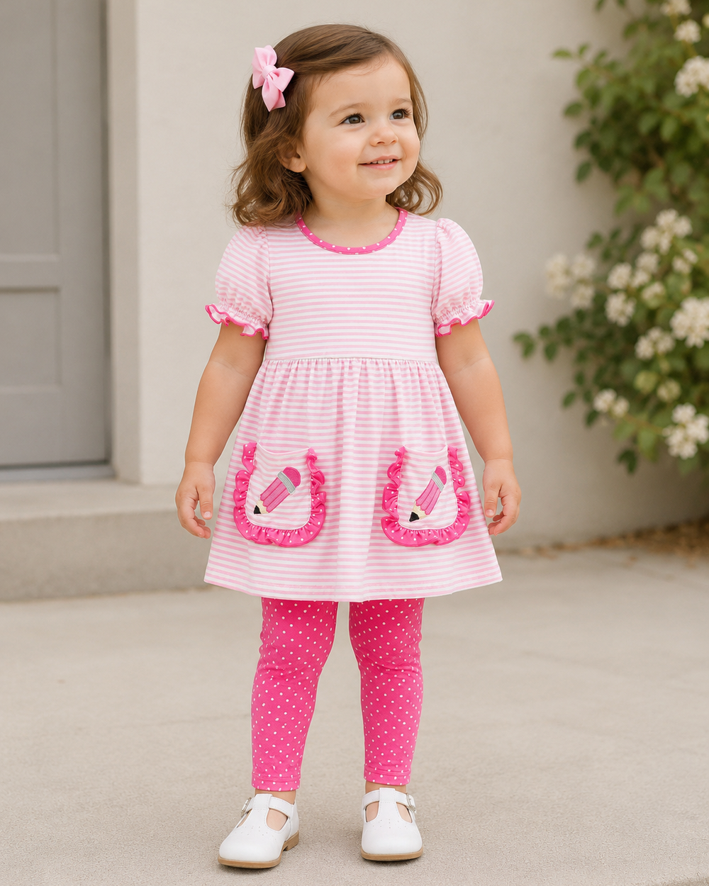 Young girl in pink stripe top and pink polka dot leggings.