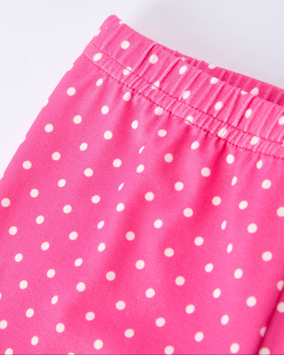Close-up of pink polka dot pants with a white background