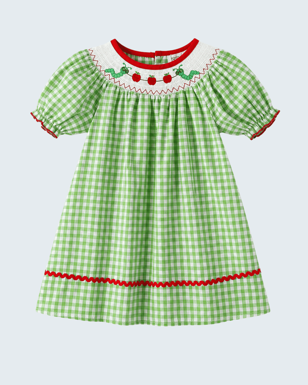 Green plaid toddler dress with worm embroidery