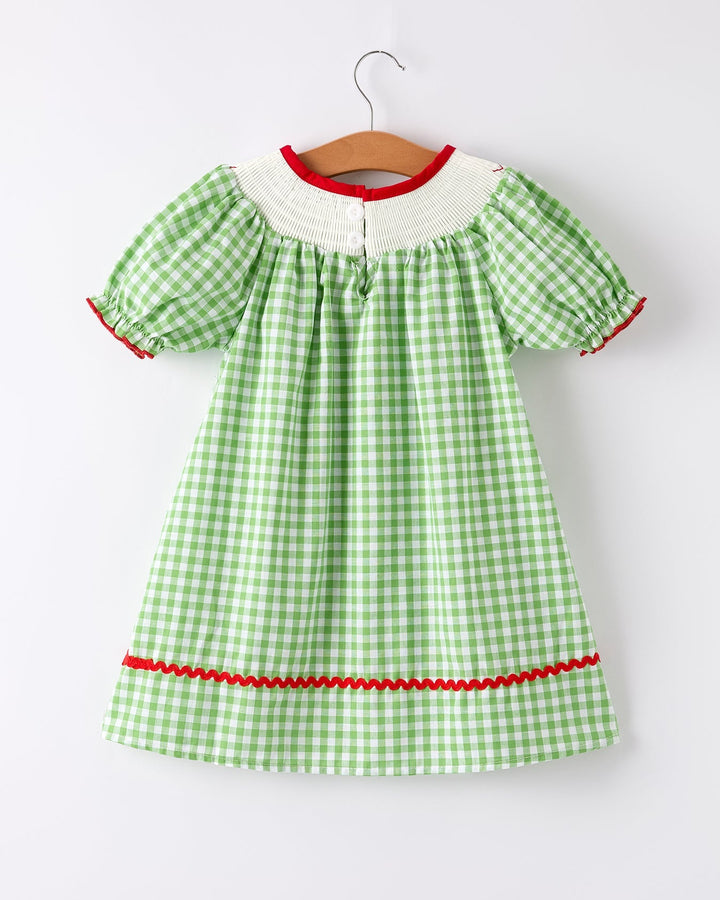 Green checkered dress with red trim on a hanger against a white background