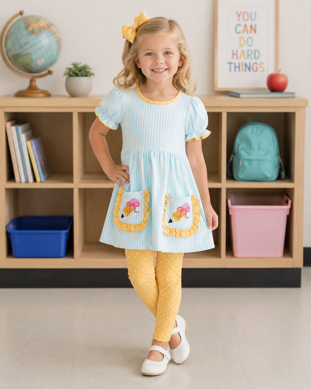 Young girl in back to school outfit in class room