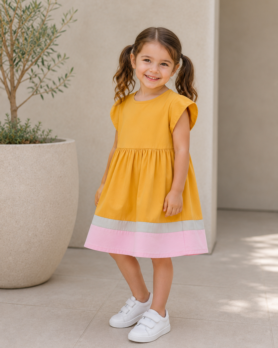 Girl standing outside wearing Back To School Pencil Color Block Dress