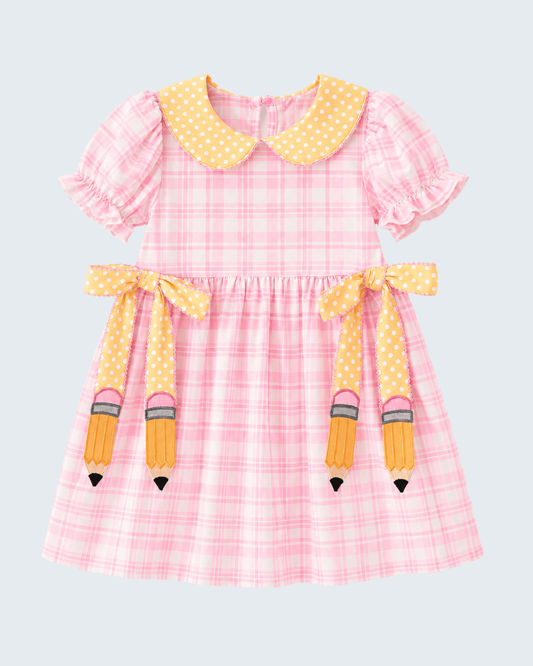 Back to school pink plaid dress with pencil bows