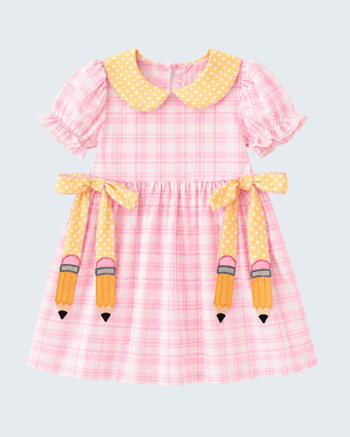 Back to school pink plaid dress with pencil bows