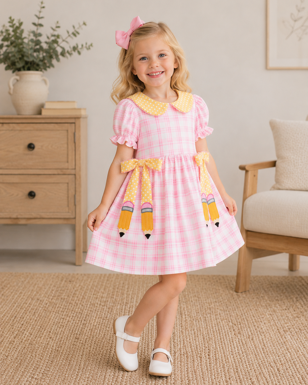Young girl in pink back to school dress in living room