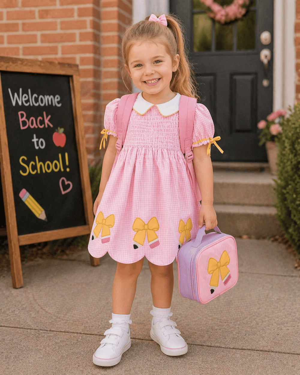 Young girl in a pink dress with bow designs, holding a matching lunch bag, standing in front of a 'Welcome Back to School!' sign.