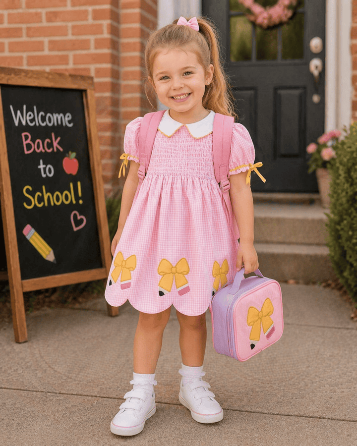 Young girl in a pink dress with bow designs, holding a matching lunch bag, standing in front of a &
