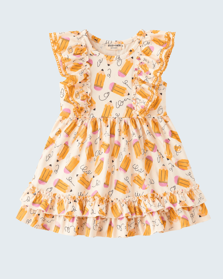 Yellow twirl girls dress with pencil print