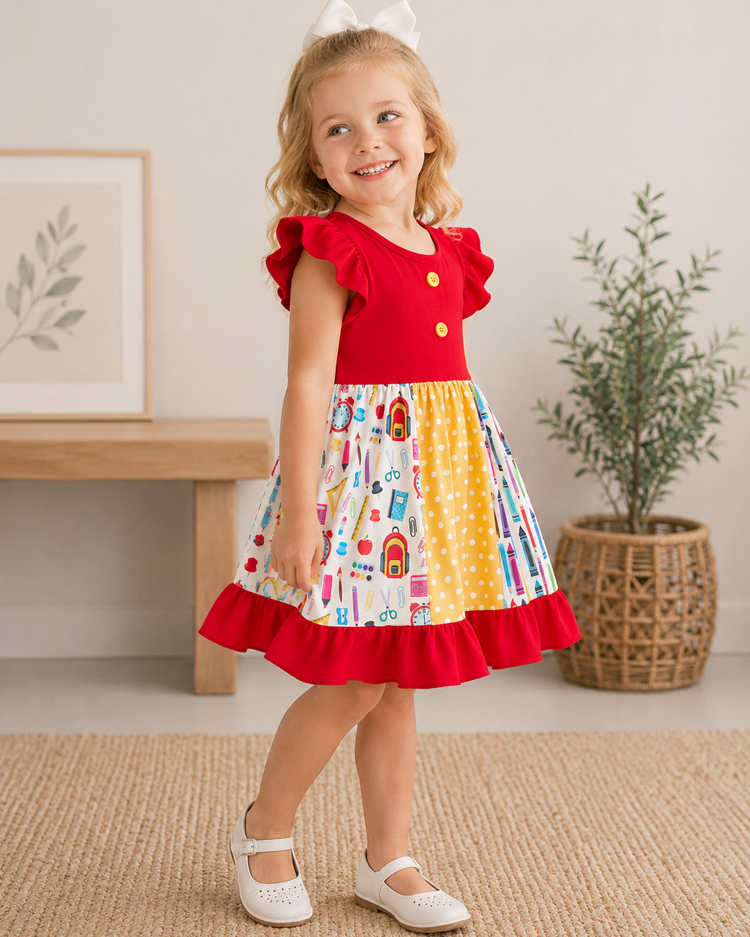 Young girl in patchwork back to school dress in living room