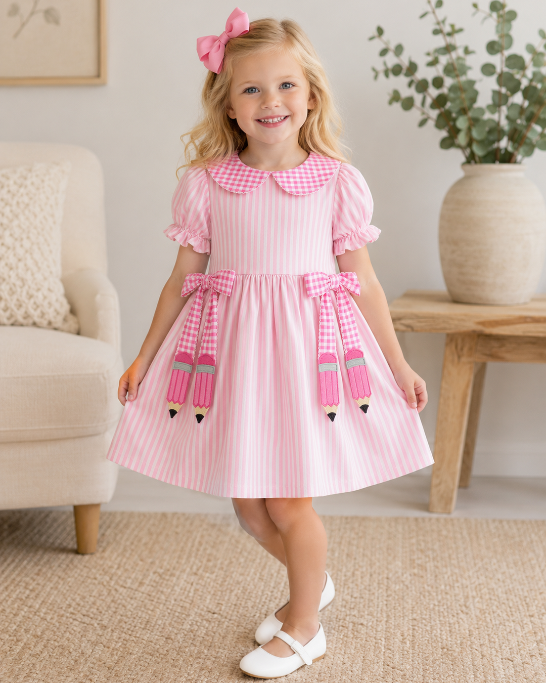 Young girl in pink back to school dress with peter pan collar