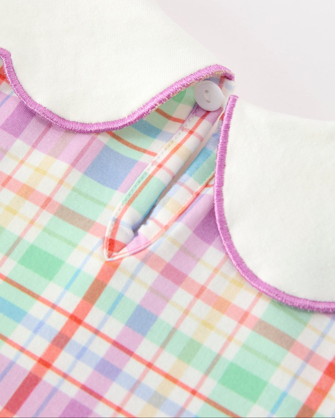 Girls plaid dress neckline with purple edge trim and white yoke