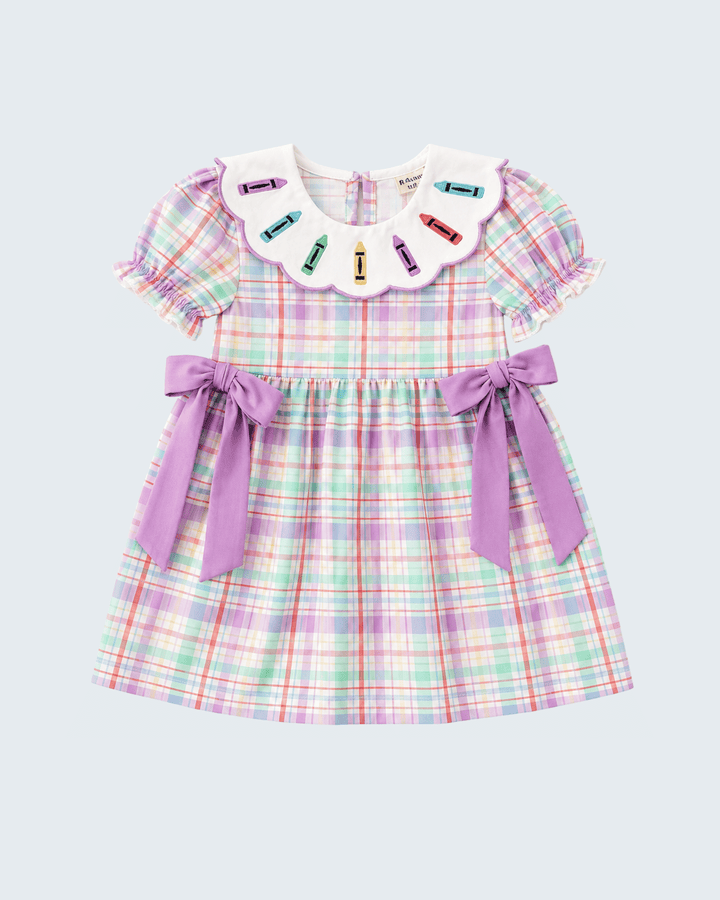 Kids plaid dress with puff sleeves, crayon embroidered collar, ribbon bows at waist