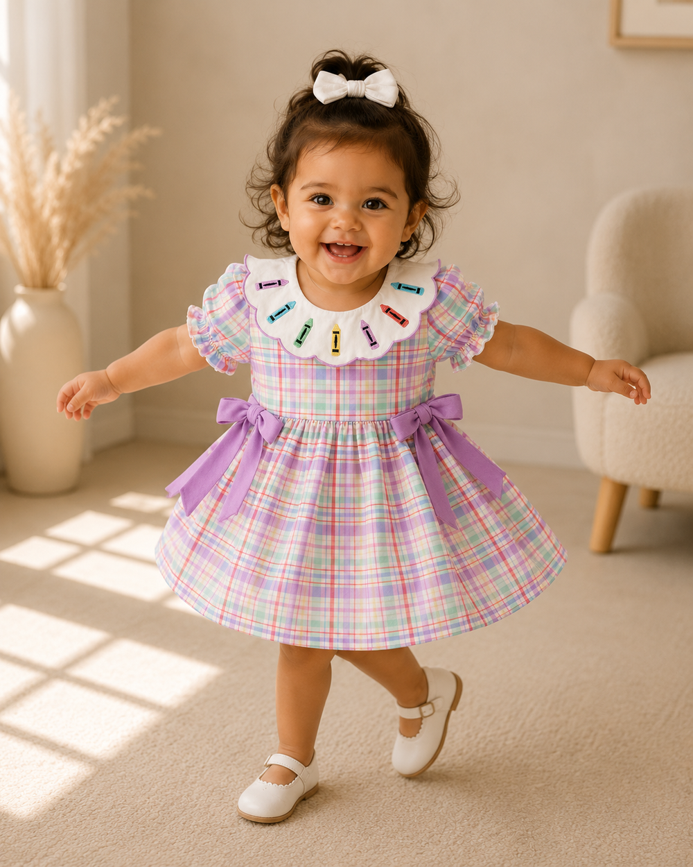 Toddler plaid dress, crayon embroidery on Peter Pan collar, purple side tie ribbons, twirled skirt