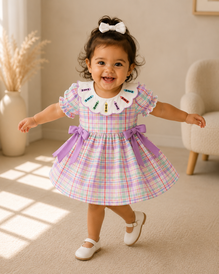 Toddler plaid dress, crayon embroidery on Peter Pan collar, purple side tie ribbons, twirled skirt