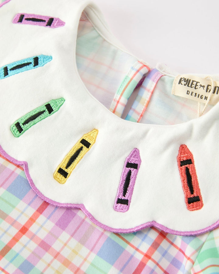 Girls white collar with colorful crayon embroidery on plaid dress