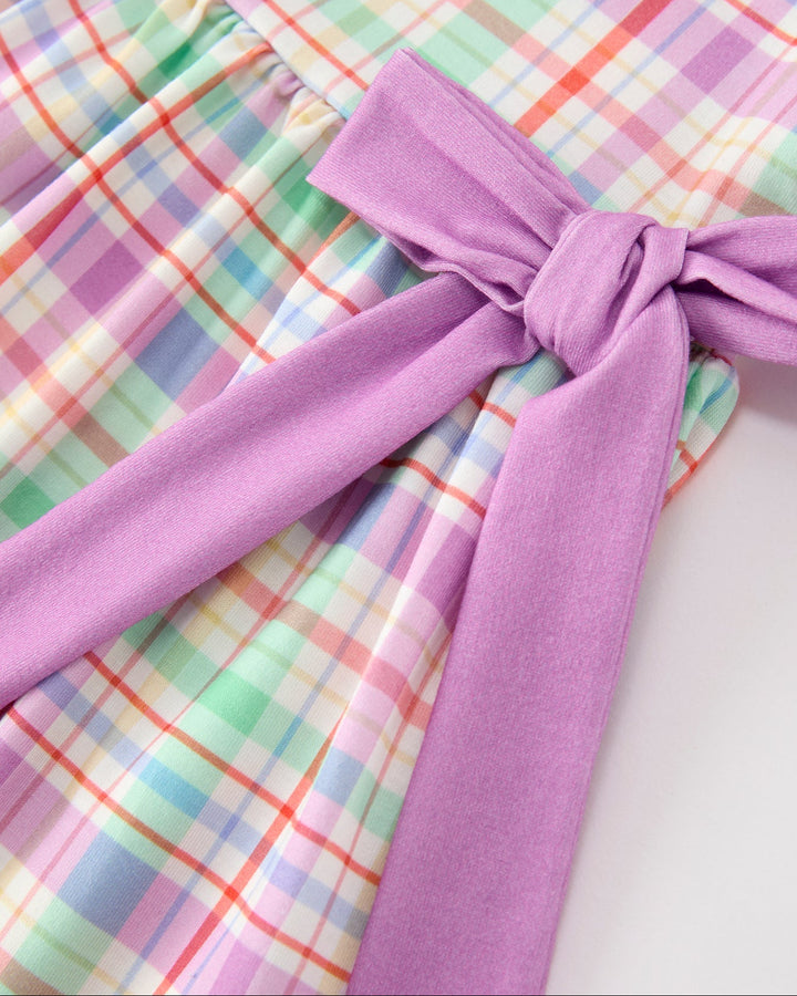 Girls plaid dress with wide lilac bow at waist and gathered skirt