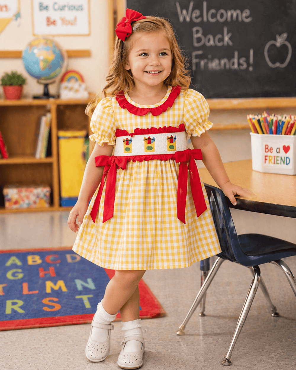 Young girl in a yellow checkered dress with red accents standing in a classroom.