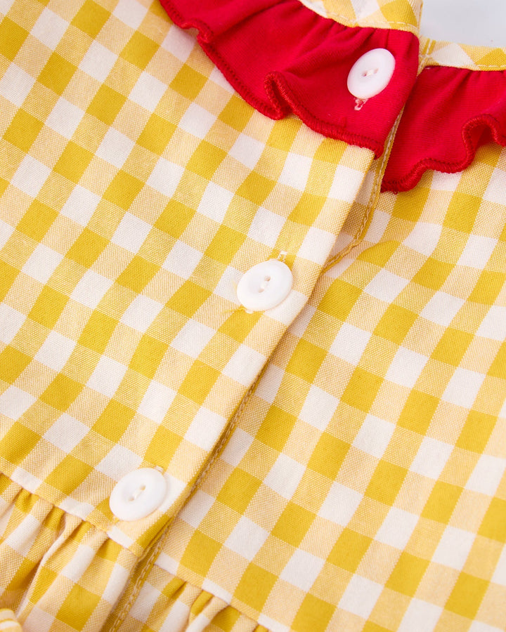Yellow and white checkered dress with red ruffled collar and buttons.