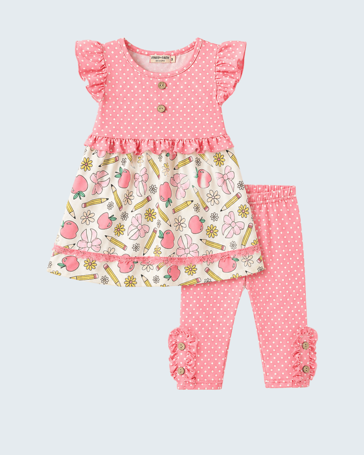Girls Back To School Polka Dot Dress Leggings Set
