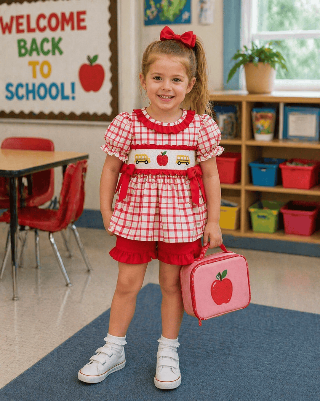 Young girl in a red and white checkered outfit with an apple-themed lunch bag in a classroom setting.