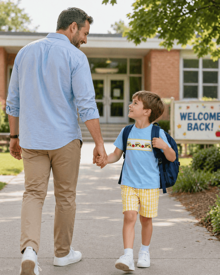 Man and child walking together with a &