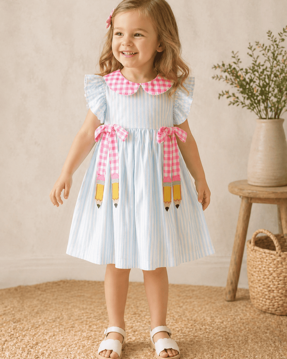 Young girl wearing a light blue dress with pink checkered details, standing in a room with a neutral background.