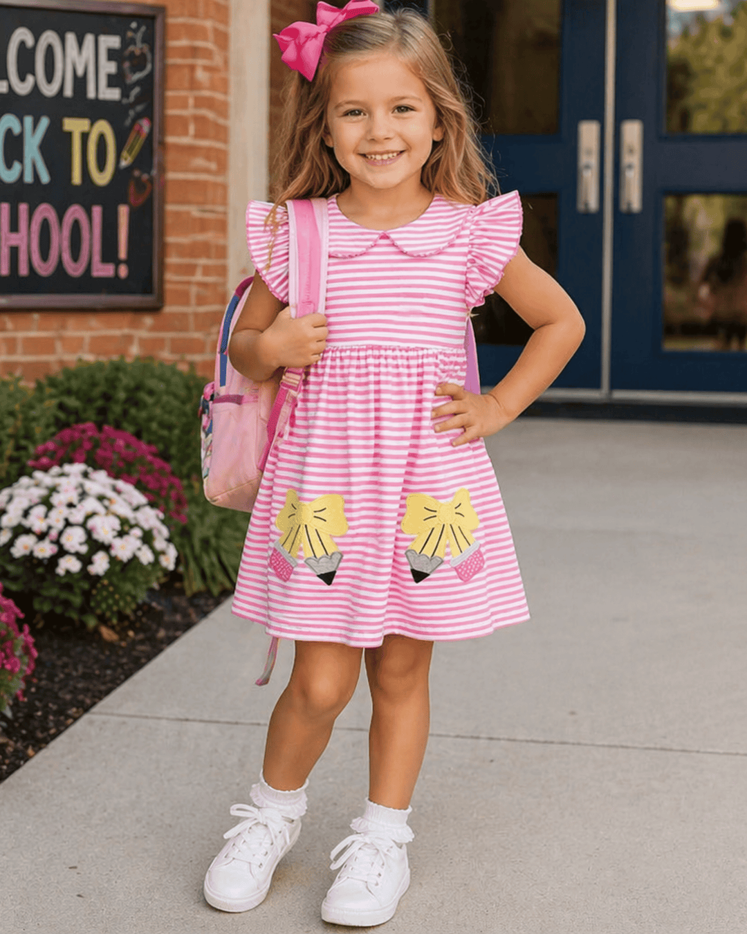 Young girl in a pink dress with cat designs, holding a backpack, standing in front of a school entrance.