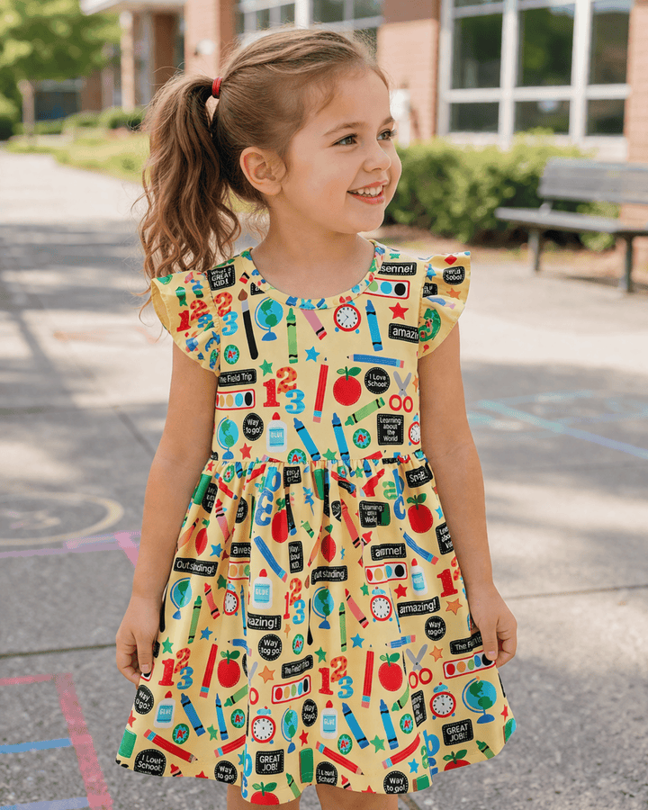 Young girl wearing a colorful dress with educational patterns on a school playground.