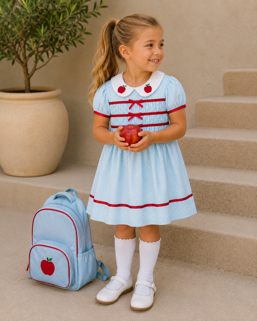 Young girl in a light blue dress with red trim holding an apple, standing next to a matching backpack on a staircase.