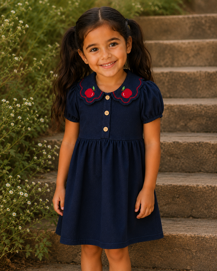 Young girl in a navy dress with red apple details standing on stone steps.