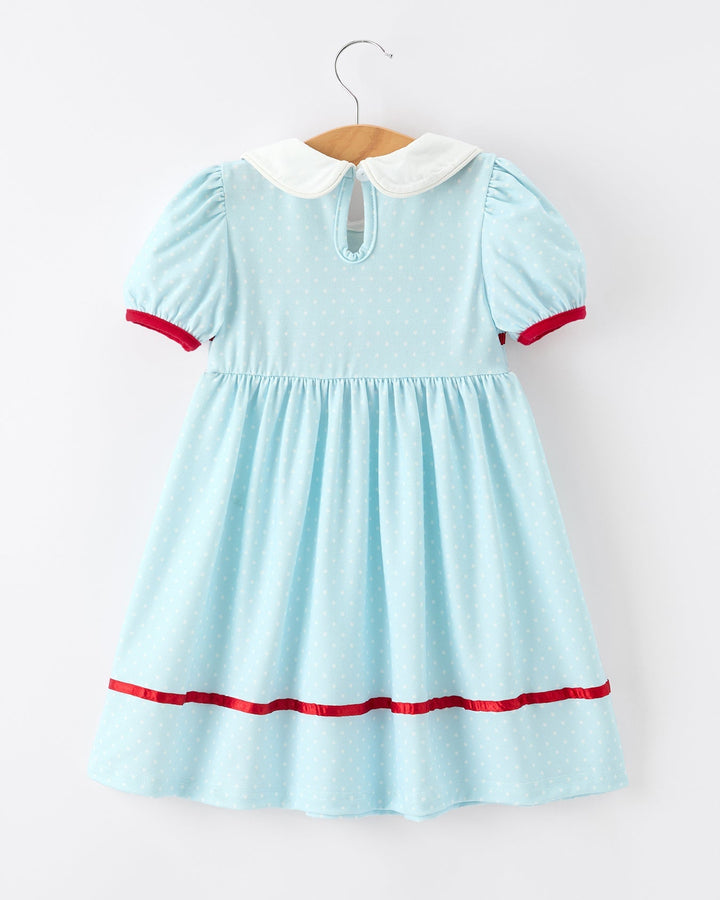Light blue dress with red trim on a hanger against a white background
