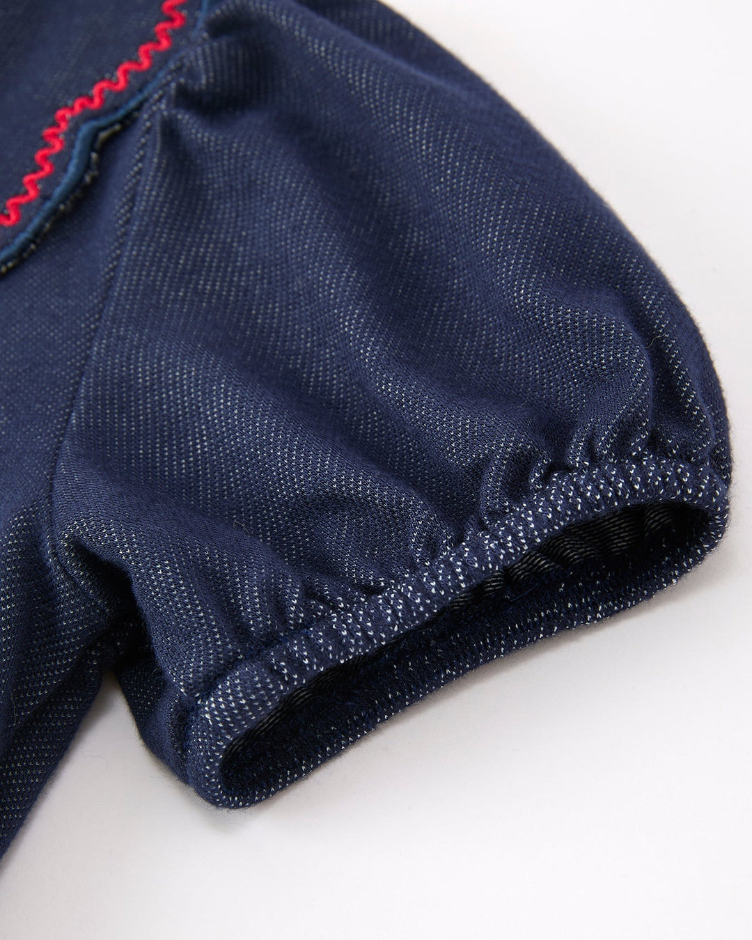 Close-up of a navy blue fabric with red stitching on a white background