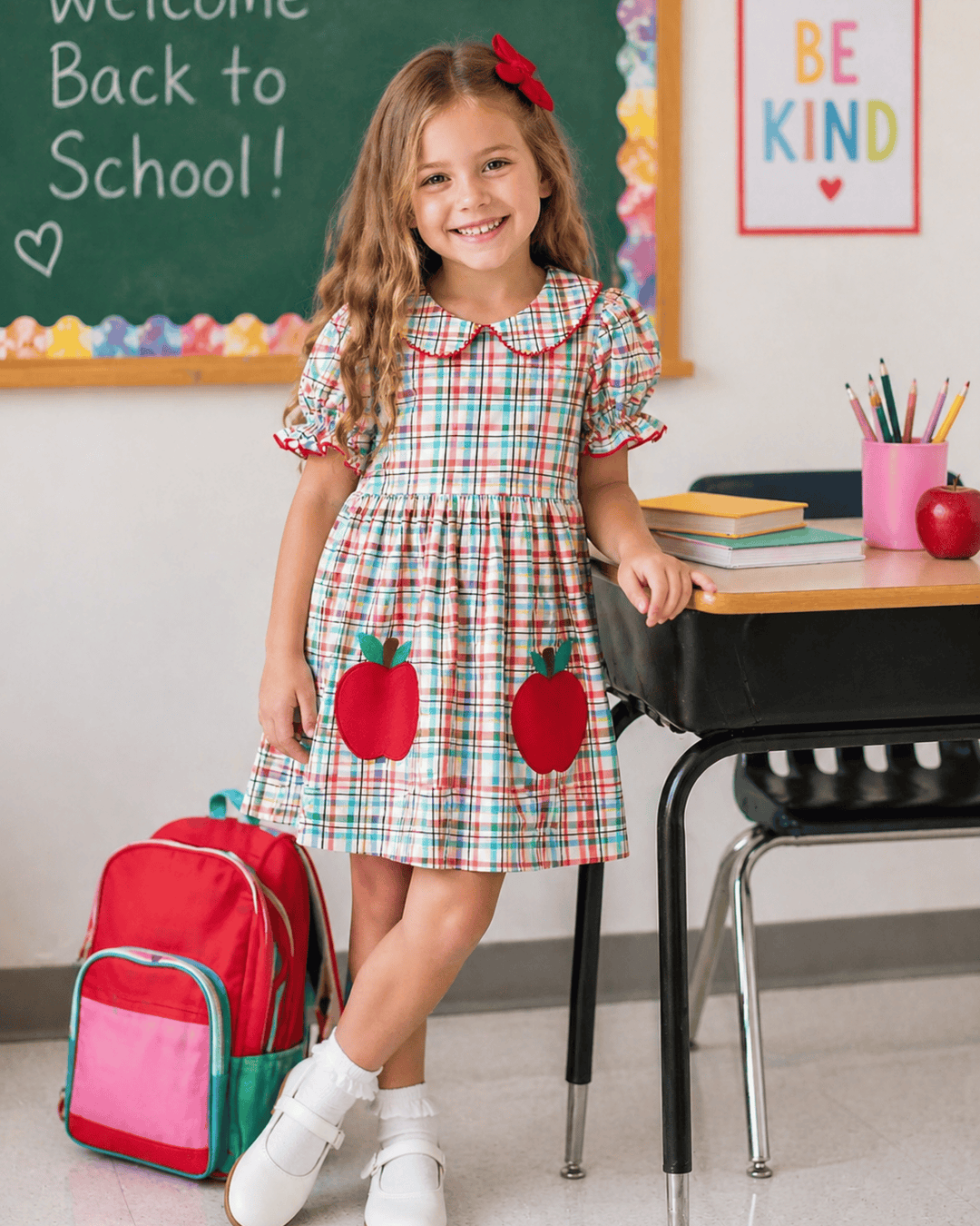 Young girl in a plaid dress with apple designs, standing in a classroom setting.