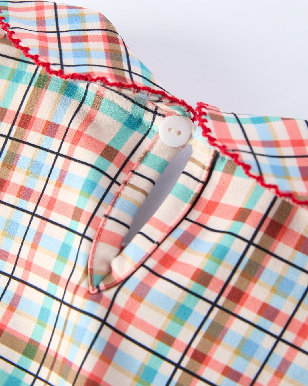 Close-up of a colorful plaid fabric with a button on a white background