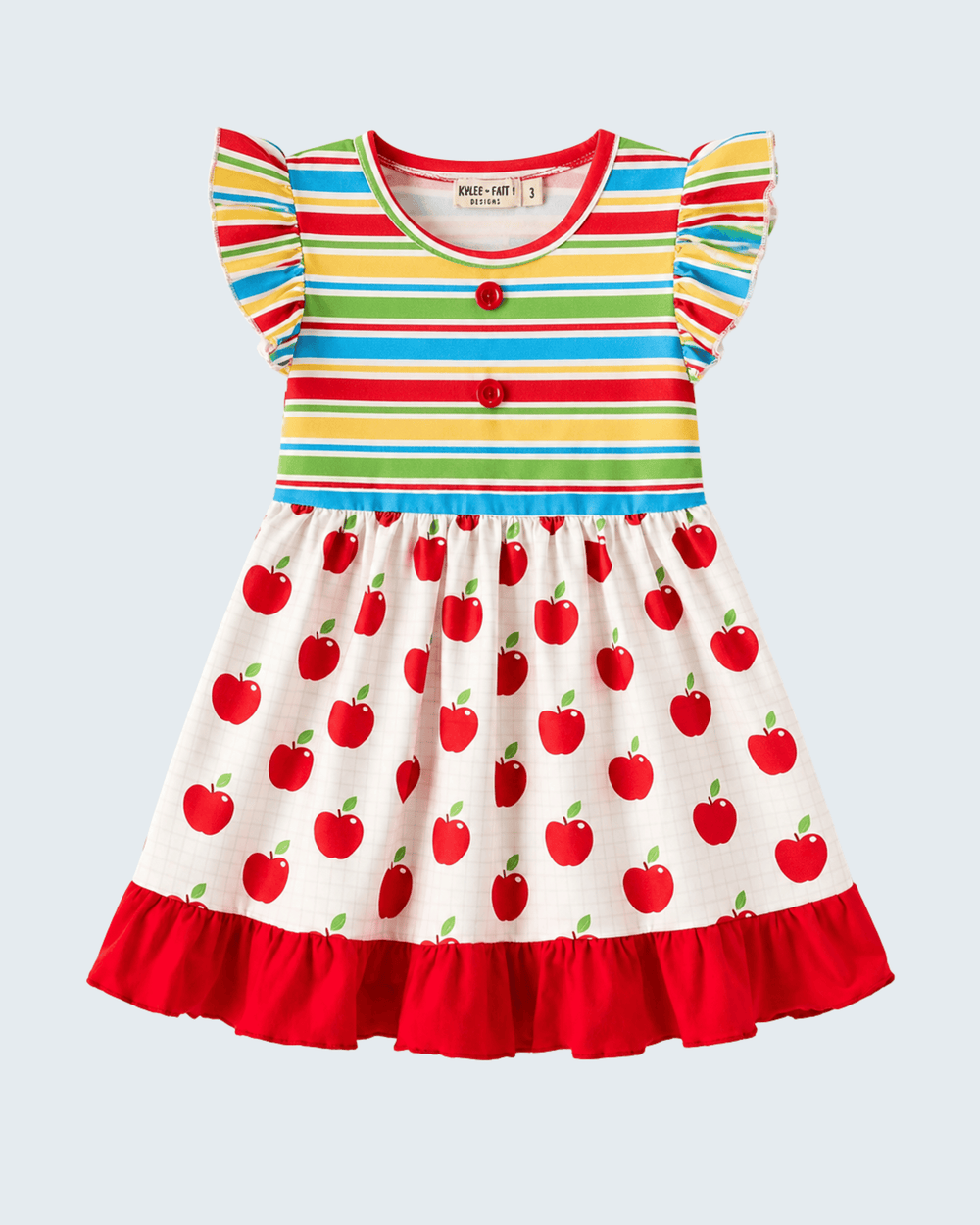 Colorful striped dress with red apple pattern on a light gray background