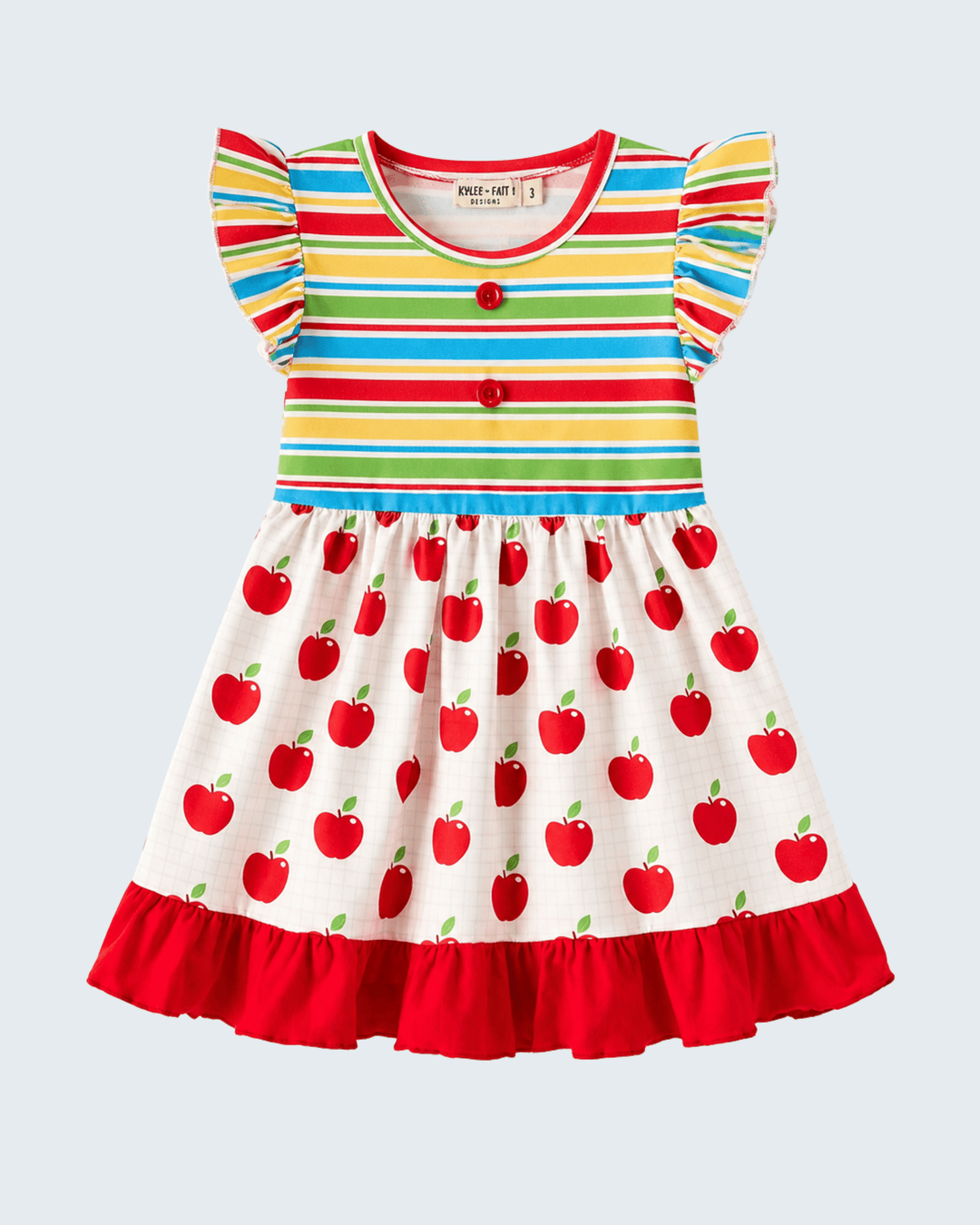 Colorful striped dress with red apple pattern on a light gray background