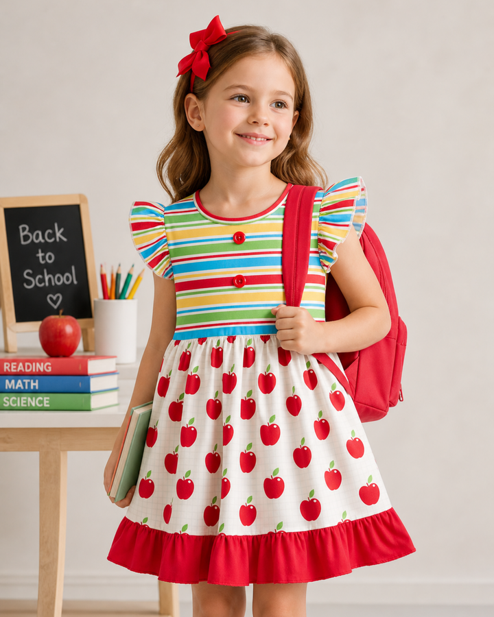 Young girl in a colorful dress with apple pattern, holding a red backpack, standing in front of a &