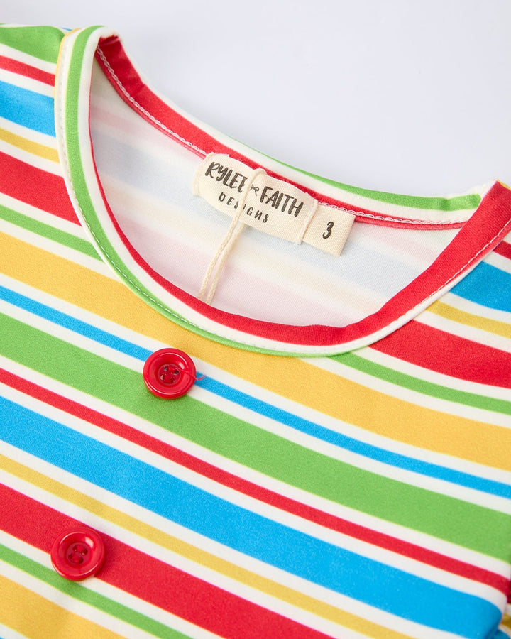 Colorful striped shirt with a brand label on a white background