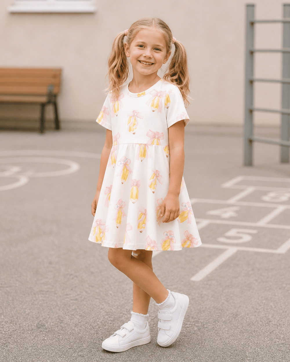 Young girl in a white dress with yellow floral pattern standing on a playground.
